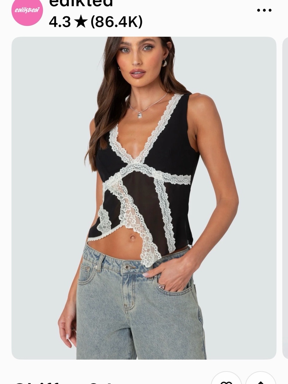 Edikted Black Crop Tank with White Lace Trim